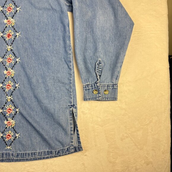Vintage Denim Button Up Embroidered Floral Print Oversized Large Western Cottage - Picture 4 of 8